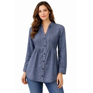 Passport Women’s  L Blue Chambray Shirt Blouse Tunic Pintuck Tie Back